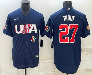 Mens USA Baseball #27 Mike Trout 2023 Navy World Baseball Classic Stitched Jersey->2023 world baseball classic->MLB Jersey